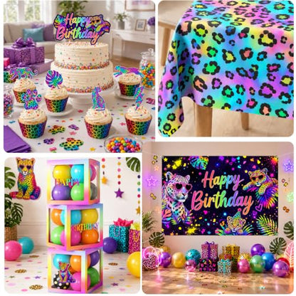 Rainbow Cheetah Birthday Decorations Set with Backdrop, Balloons, Cake Toppers