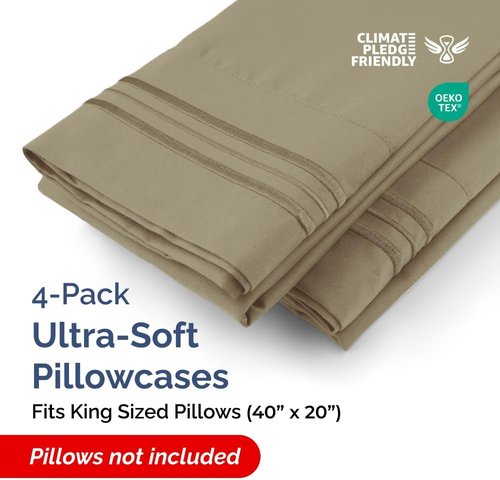 King Pillow Cases by [Brand Name] - Ultra Soft Hotel Quality Covers | Wrinkle-Free & Stain Resistant - 4 Piece Set in Khaki