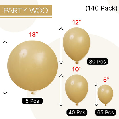 PartyWoo Tan Balloons - 140-Piece Light Brown Neutral Boho Balloon Arch Kit for Weddings & Parties