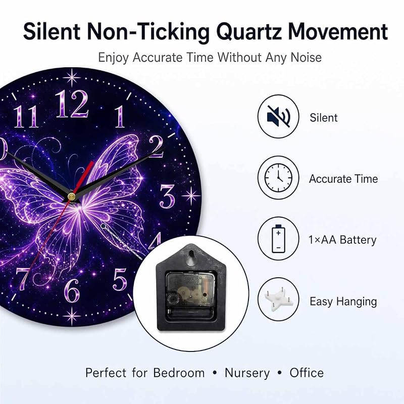 Glowing Purple Butterfly Wall Clock 10 Inch - Silent, Vintage Retro Farmhouse