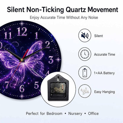Glowing Purple Butterfly Wall Clock 10 Inch - Silent, Vintage Retro Farmhouse