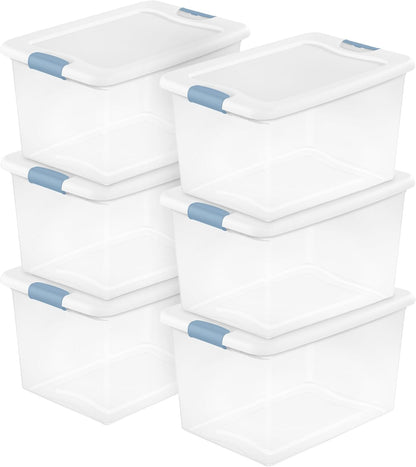 Sterilite 6-Pack Latching Storage Bins - Clear Plastic Under Bed Organizers, 64 Quart Capacity