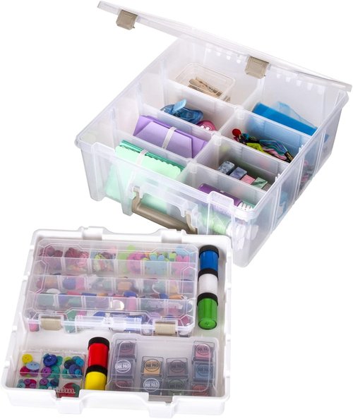 ArtBin Super Satchel Double Deep - Portable Arts & Crafts Storage Container with Lift-Out Tray & Removable Dividers, Clear