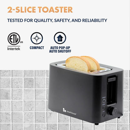 Newhouse 700W Black 2-Slice Toaster - Auto Pop-Up & Shut-Off | Cool-To-Touch Kitchen Essential