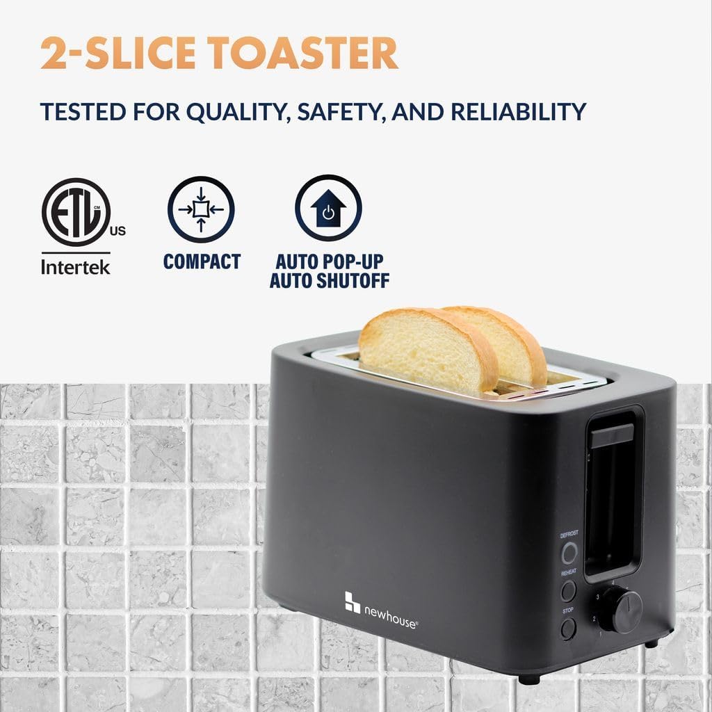 Newhouse 700W Black 2-Slice Toaster - Auto Pop-Up & Cool-To-Touch Kitchen Essential for Modern Homes