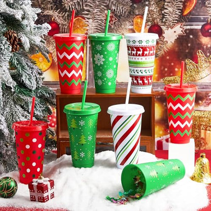 Christmas Plastic Cups with Lids and Straws, 24 oz, Red & Green, 24 Pack - Classic Variation