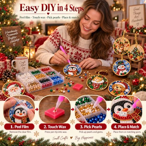 Wooden Christmas Ornaments DIY Kit with Pearls & Gems - 6 Pieces - J#