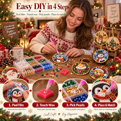 Wooden Christmas Ornaments DIY Kit with Pearls & Gems - 6 Pieces - J#
