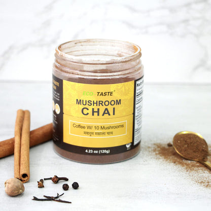 Mushroom Chai - 40 Servings, 10 Mushrooms Extract Powder with Masala Chai - Coffee Alternative, 120g