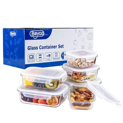 Bayco Large Glass Food Storage Containers with Lids, [12 Piece] Glass Meal Prep Containers, Airtight Glass Bento Boxes, BPA Free & Leak Proof (6lids & 6Containers)(Square & Rectangle)