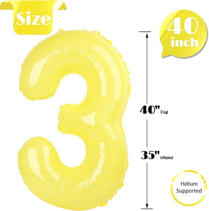 Yellow 3 Balloon - 40 Inch Number Balloon for 3rd Birthday Decorations | Kids & Women Party Supplies