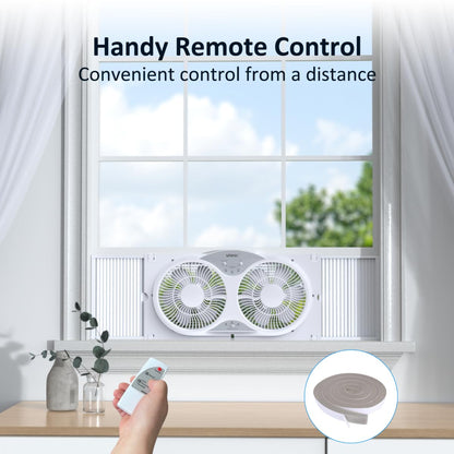 shinic Window Fan with Reversible Airflow Quiet, Twin 9" Blades, Full Remote Control, 3 Functions-3 Speeds, Bathroom Kitchen Window Exhaust Fan, Width Adjustable (From 23.5" to 37") ETL Certified