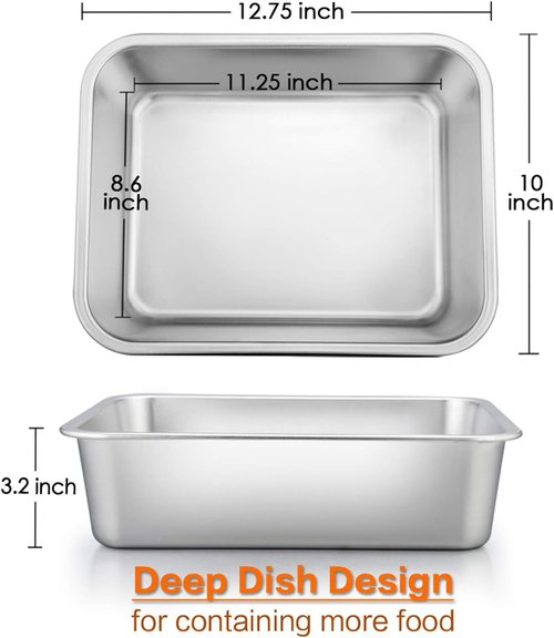 E-far Lasagna Pan Set - Deep Stainless Steel Baking Pans, Non-Toxic & Dishwasher Safe, 12.75 x 10 x 3.2 Inches