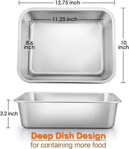 E-far Lasagna Pan Set - Deep Stainless Steel Baking Pans, Non-Toxic & Dishwasher Safe, 12.75 x 10 x 3.2 Inches