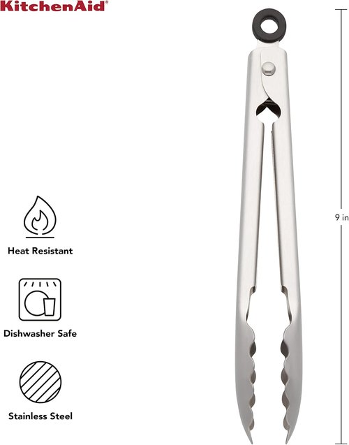 KitchenAid Stainless Steel Serving Tongs - 9 Inch with Secure Closing Lock & Hang Hook