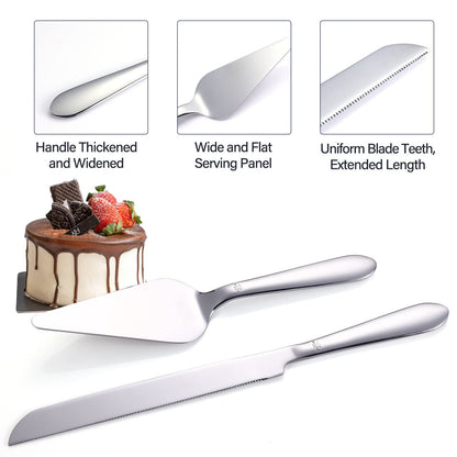 Cake Cutting Set for Wedding, Elegant Cake Knife and Server Set with Thickened Stainless Steel and Rounded Edges, Cake Cutter and Pie Spatula for Birthday Anniversary Christmas Gift Set of 2, Silver