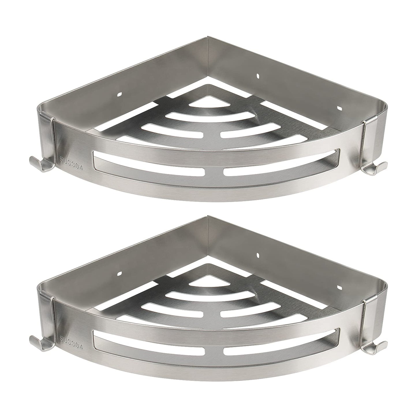 NearMoon Bathroom Shower Caddy 2 Pack, No Drill 304 Stainless Steel Shower Organizer with 2 Hooks (Corner Shelf, Brushed Nickel)