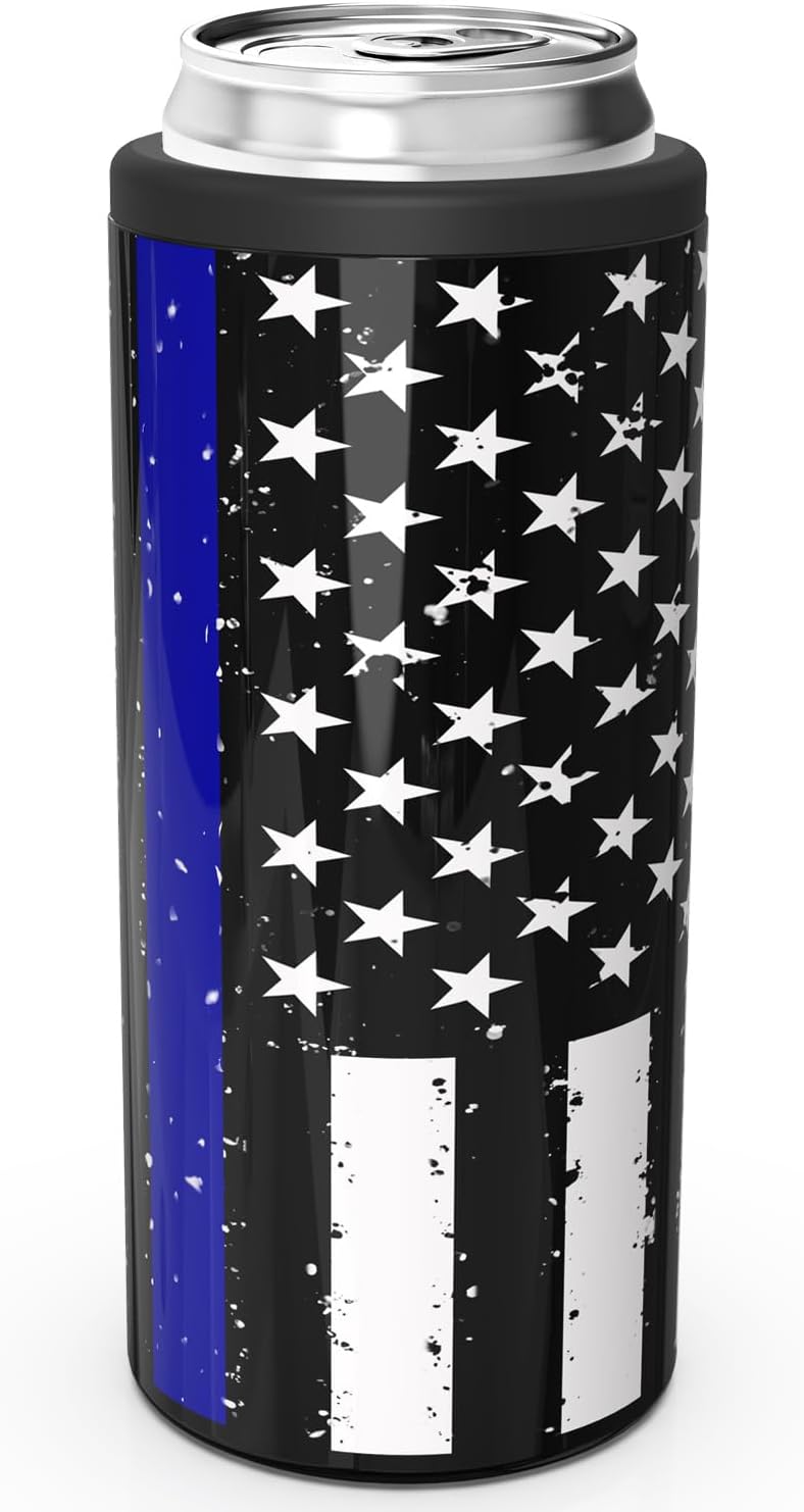 TILUCK Slim Can Cooler - Double-Walled Stainless Steel Insulator for 12 oz Cans | Black U.S. Flag