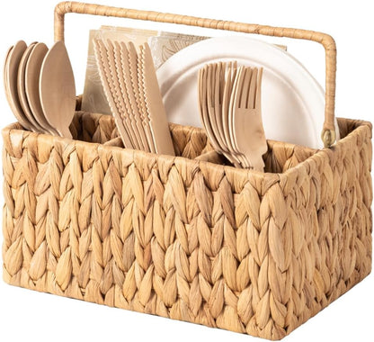 StorageWorks Hand-Woven Wicker Silverware Organizer - Stylish Water Hyacinth Cutlery Holder with Handle