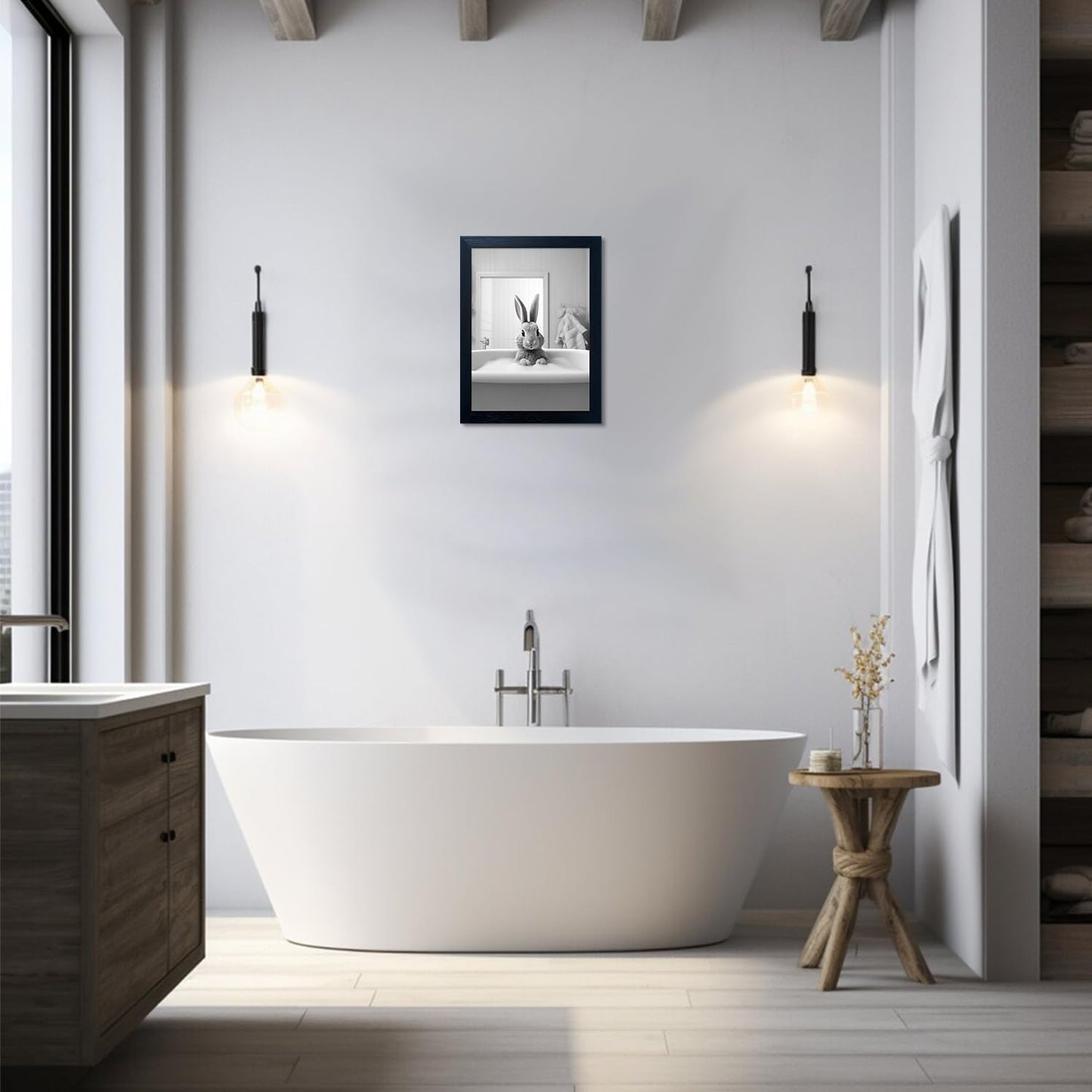 Regine Switzerland Kids Bathroom Decor - Cute Black and White Animal Canvas Art | Funny Rabbit in Bathtub