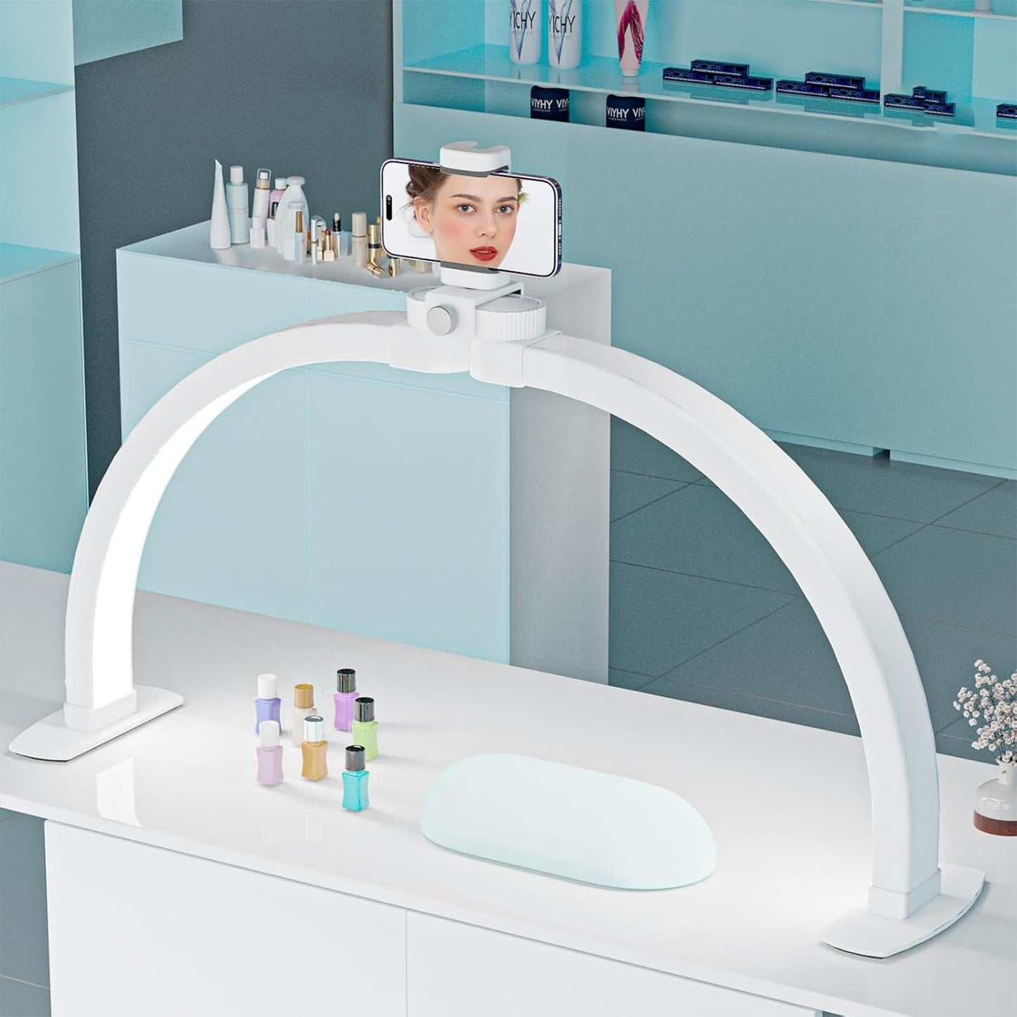 MYSWEETY Foldable Half Moon Light for Nail Desk, 29 Inch Led Nail Tech Desk Lamp, Half Moon Table Lamp with Phone Holder, 3000-6500K Esthetician Lash Light for Eyelash Extensions, Tattoo, Eyebrow