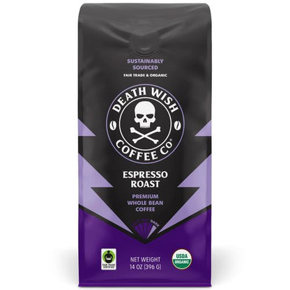 Death Wish Coffee, Whole Bean Espresso Roast - Organic, Fair Trade, Arabica and Robusta Coffee Beans, 14 ounce (Pack of 1)