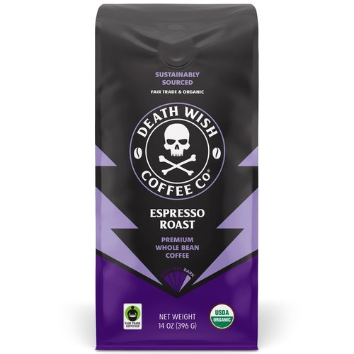 Death Wish Coffee, Whole Bean Espresso Roast - Organic, Fair Trade, Arabica and Robusta Coffee Beans, 14 ounce (Pack of 1)