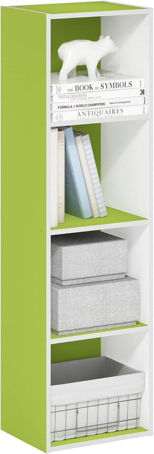 Furinno PASIR 4-Tier Modern Bookshelf - Easy Assembly Open Shelves Bookcase | Green/White, 9 x 12 x 42