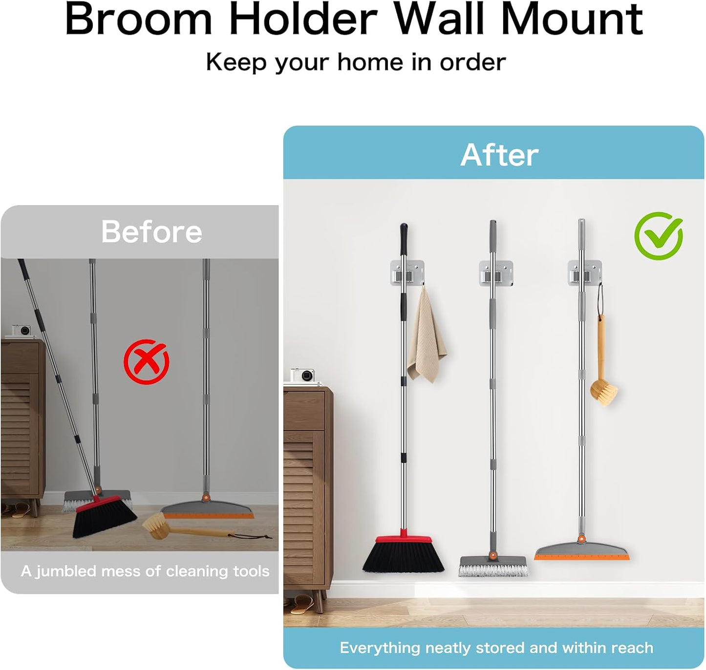 Nacena Broom Holder Wall Mount - Heavy Duty Stainless Steel Mop & Broom Organizer | 4 Pack Silver