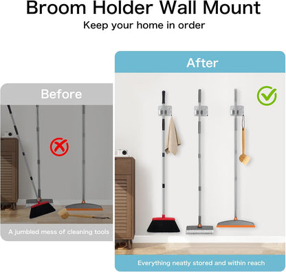 Nacena Broom Holder Wall Mount - Heavy Duty Stainless Steel Mop & Broom Organizer | 4 Pack Silver