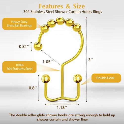ZASZO Upgraded 304 Stainless Steel Shower Curtain Hooks, 12-Pack Rust-Proof Heavy Duty Gold Shower Curtain Rings, Double Hook Glide Bathroom Hardware Set