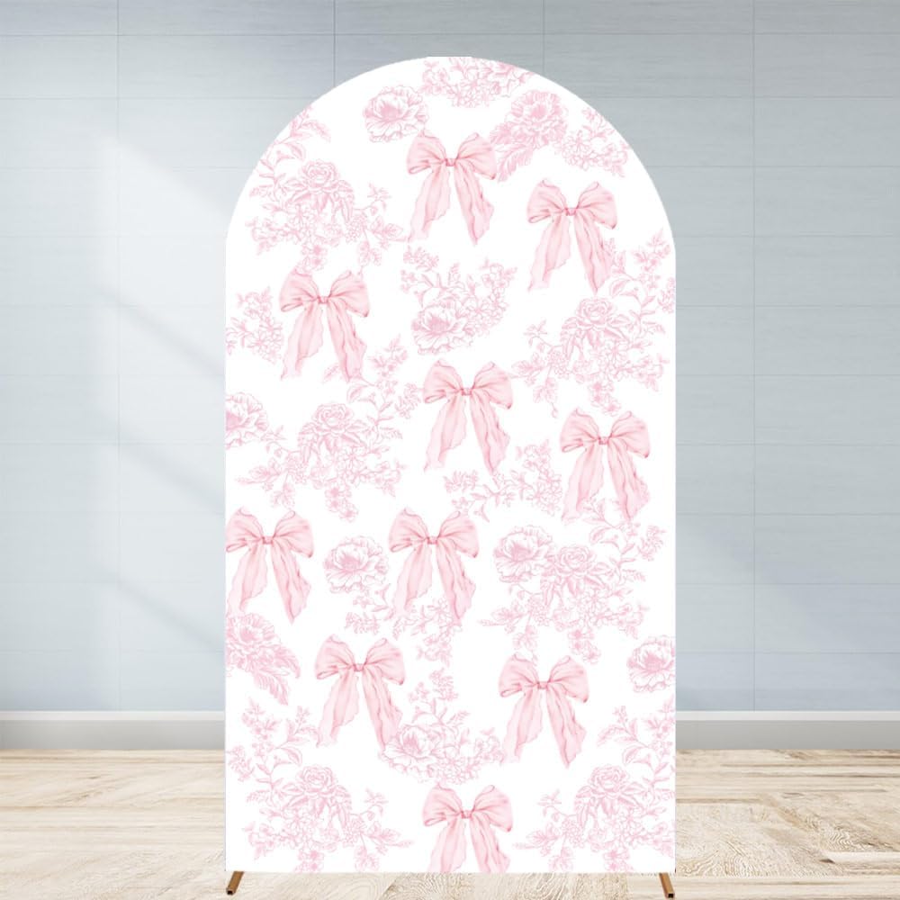 Pink Bow Floral Arch Backdrop by Coquette | 7.2ft Stretchy Fitted Cover for Bridal Shower & Birthday Parties