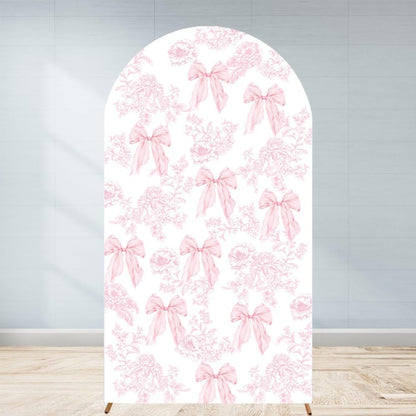 Pink Bow Floral Arch Backdrop by Coquette | 7.2ft Stretchy Fitted Cover for Bridal Shower & Birthday Parties