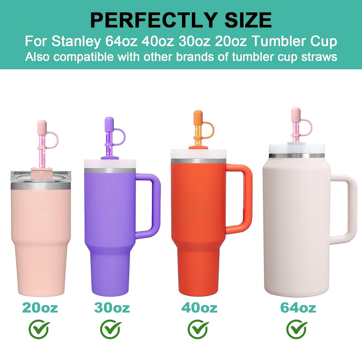 Skiennix Reusable Drinking Straws - 6 Color Replacement Straws with Caps & Cleaning Brush for Stanley Cup Tumbler