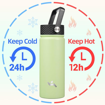 Skiennix 18 oz Insulated Stainless Steel Water Bottle - Sport Design with 3 Lids | Macaron Green