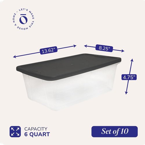 HOMZ 10-Pack Snaplock Storage Bins - Clear Plastic Organizer Containers with Lids, 6 Quart, Gray | Stackable for Home & Office