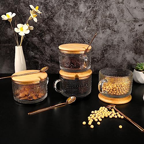 Vintage Glass Coffee Tea Cups Set - 4 Pack 14 oz Embossed Clear Mug with Handles & Spoons