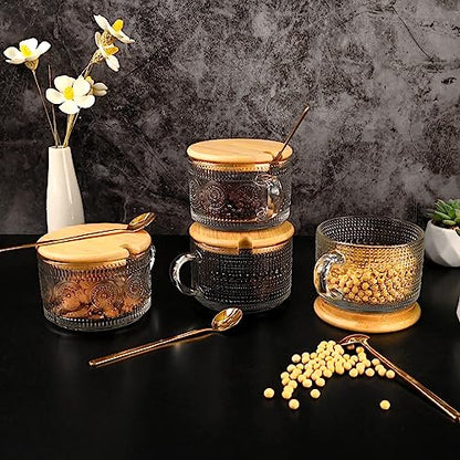 Vintage Glass Coffee Tea Cups Set - 4 Pack 14 oz Embossed Clear Mug with Handles & Spoons