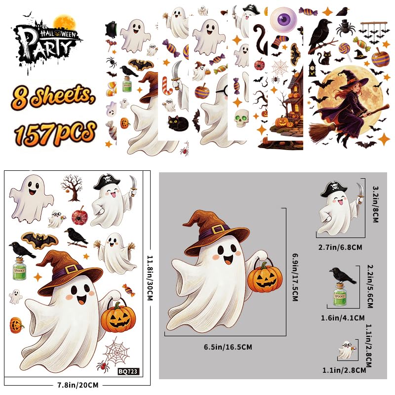 8 Sheets 157 Pcs Halloween Window Clings Decor - Ghost Pumpkin Bat Skull Web Stickers