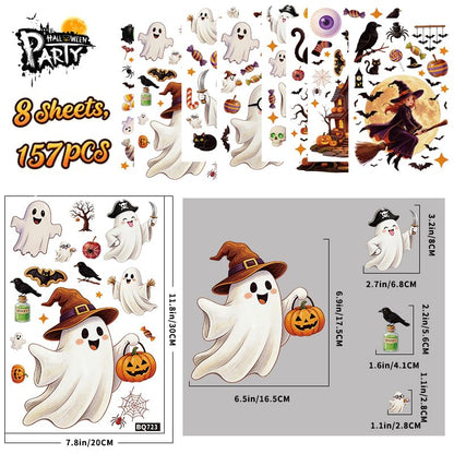 8 Sheets 157 Pcs Halloween Window Clings Decor - Ghost Pumpkin Bat Skull Web Stickers