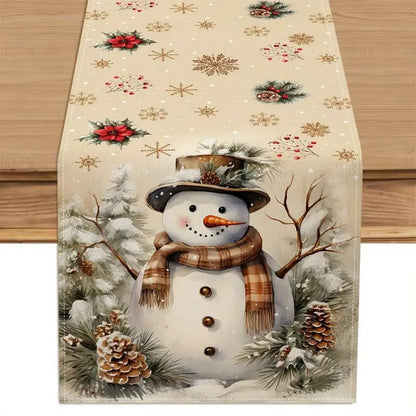 Multi Color Xmas Snowman Pine Cone Snowflake Table Runner 13x90 Inch Holiday Decor