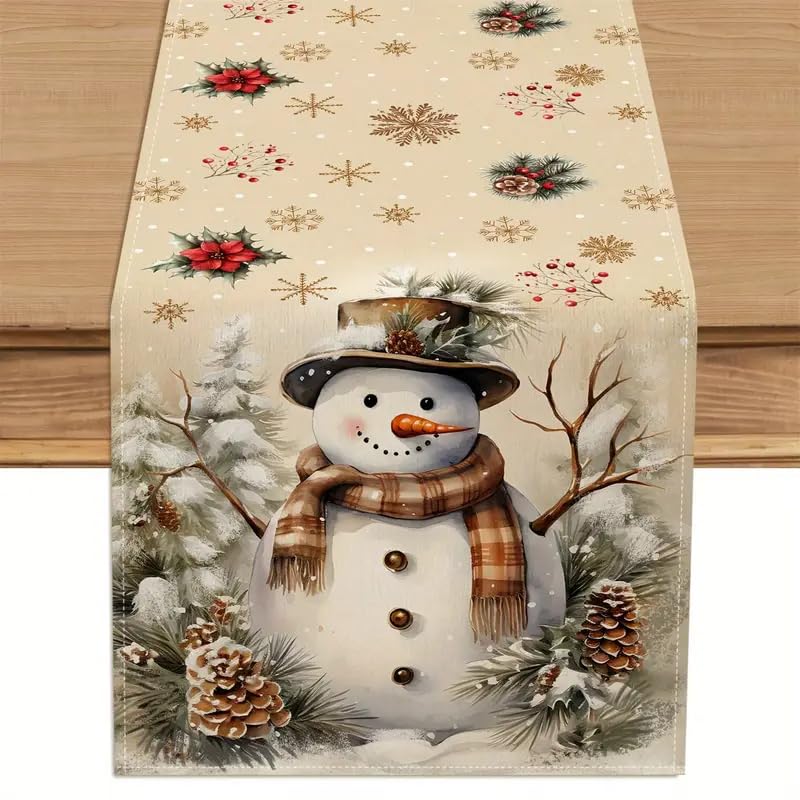 Multi Color Xmas Snowman Pine Cone Snowflake Table Runner 13x72 Inch Holiday Decor