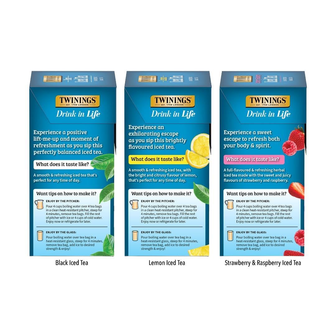 Twinings Iced Tea Variety Pack - 3 Flavors (Black, Lemon Black, Strawberry & Raspberry) | 72 Count, Unsweetened, Caffeinated