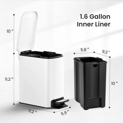 Cesun Stainless Steel Small Bathroom Trash Can - Soft Close Lid & Step Pedal, 6L | White Diaper Waste Basket