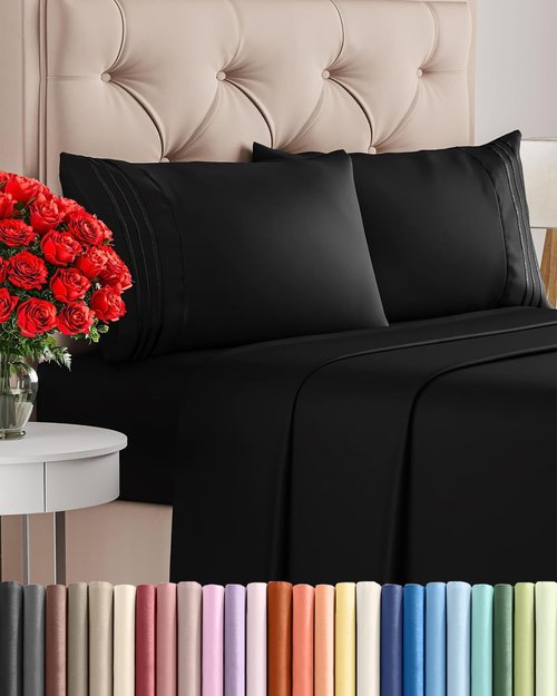 Cal King Size 4-Piece Sheet Set - Ultra-Soft, Cooling & Breathable Bedding - Hotel Luxury Quality - Deep Pockets, Wrinkle-Free - Oeko-Tex Certified - Black