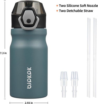 BJPKPK Insulated Water Bottle - 14oz Stainless Steel Flask with Straw & Carry Handle | Dark Grey