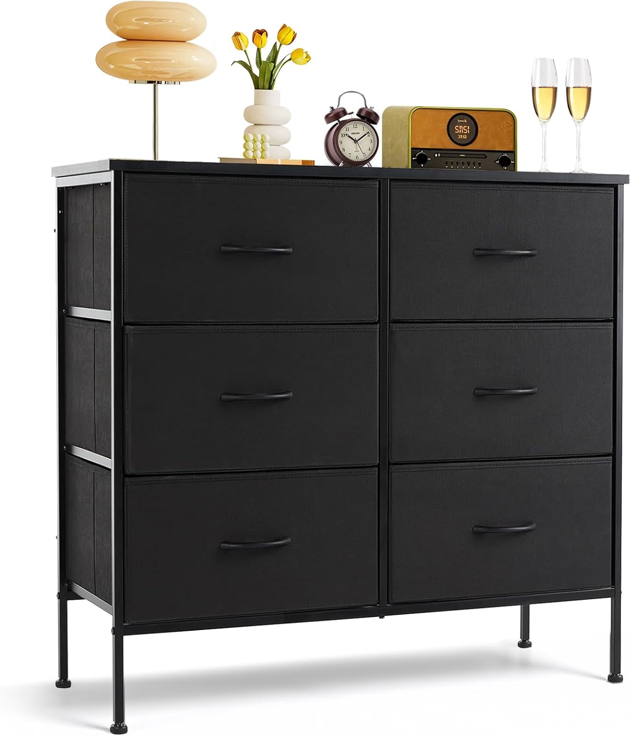 Skiennix 6-Drawer Dresser - Anti-Tip Storage Organizer with Wooden Top & Metal Frame | Black