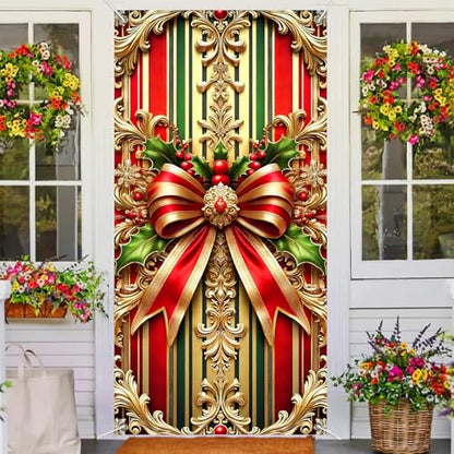Christmas Door Cover Bow Red Gold 35x70 Inch Polyester Seasonal Decor