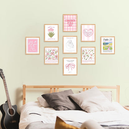 Skiennix 9-Piece Pink Christian Wall Art Set - Trendy Bible Verses & Psalms Decor | 8x10 Inch Prints for Girls' Rooms