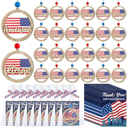 Patriotic Wooden Ornaments Set - Round Veterans Day Gifts Bulk 24 Pieces